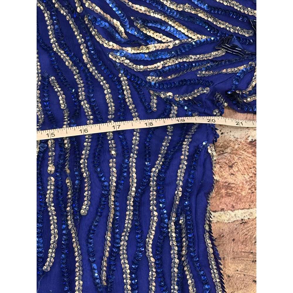 Jewel Queen Vintage Royal Blue Beaded Silk Sequin Evening Top Short Sleeve L - Picture 14 of 15